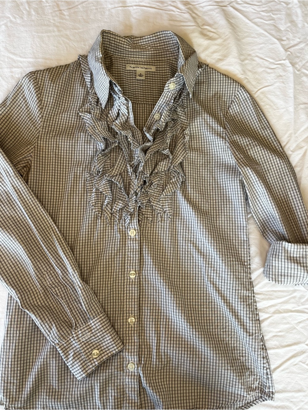 Banana Republic Gray Check Button-Down Shirt with Ruffle Front